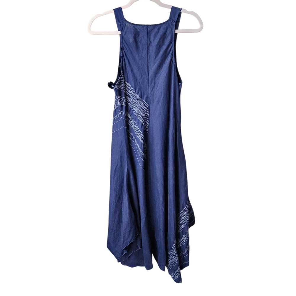 Eileen Fisher Navy Blue Irish Linen Asymmetric Handkerchief Hem Dress Sz M EUC - Picture 4 of 6